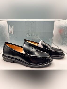 C.Paravano Women Leather Penny Loafers Flats Slip On Black Shoes EU 36 US 5.5/6